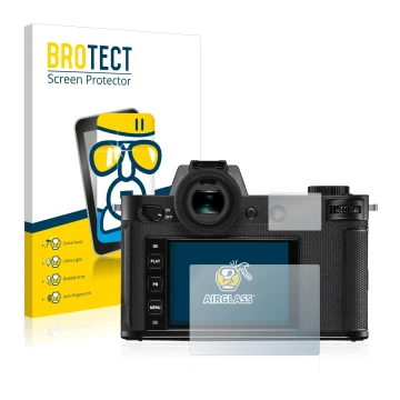 Front side of a product packaging with the brand logo BROTECT. Next to it is the device Leica SL2 shown with the corresponding