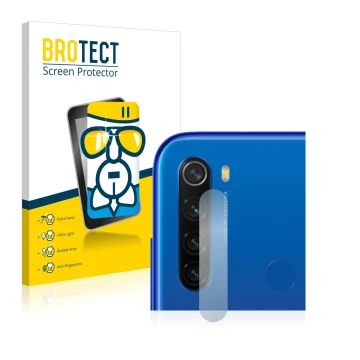 Front side of a product packaging with the brand logo BROTECT. Next to it is the device Xiaomi Redmi Note 8T (ONLY Camera Lens