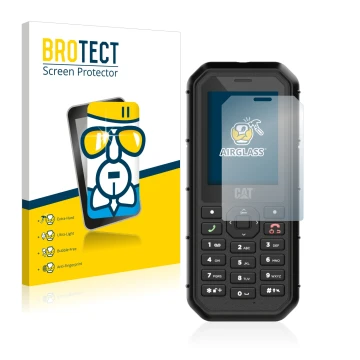 Front side of a product packaging with the brand logo BROTECT. Next to it is the device Caterpillar Cat B26 shown with the cor