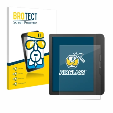 Front side of a product packaging with the brand logo BROTECT. Next to it is the device Tolino Vision 5 shown with the corresp