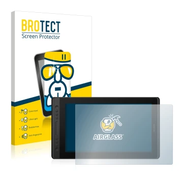 Front side of a product packaging with the brand logo BROTECT. Next to it is the device Huion Kamvas Pro 16 Premium shown with