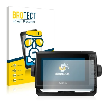 Front side of a product packaging with the brand logo BROTECT. Next to it is the device Garmin ECHOMAP UHD 72cv shown with the