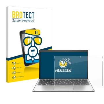 Front side of a product packaging with the brand logo BROTECT. Next to it is the device HP Elite x2 G4 shown with the correspo