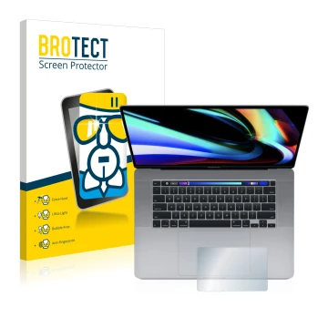 Front side of a product packaging with the brand logo BROTECT. Next to it is the device Apple MacBook Pro 16