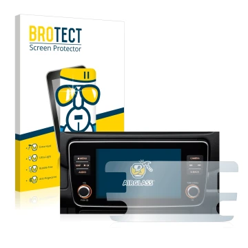 Front side of a product packaging with the brand logo BROTECT. Next to it is the device Nissan Leaf E Plus Infotainment System