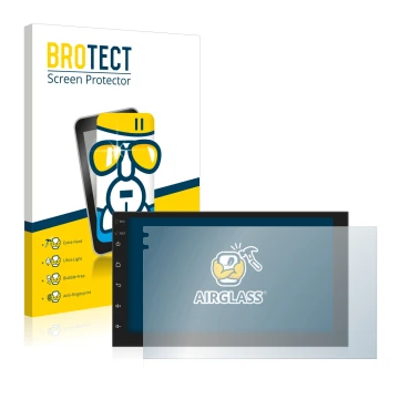 Front side of a product packaging with the brand logo BROTECT. Next to it is the device Phonocar MediaStation 2Din shown with 