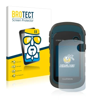 Front side of a product packaging with the brand logo BROTECT. Next to it is the device Garmin eTrex 22x shown with the corres