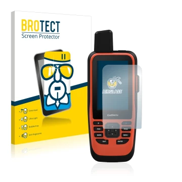 Front side of a product packaging with the brand logo BROTECT. Next to it is the device Garmin GPSMAP 86i shown with the corre