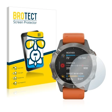 Front side of a product packaging with the brand logo BROTECT. Next to it is the device Garmin Fenix 6 shown with the correspo