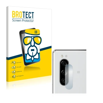 Front side of a product packaging with the brand logo BROTECT. Next to it is the device Sony Xperia 5 (ONLY Camera Lens) shown