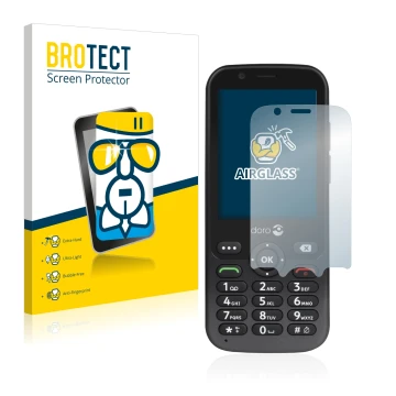 Front side of a product packaging with the brand logo BROTECT. Next to it is the device Doro 7010 shown with the corresponding