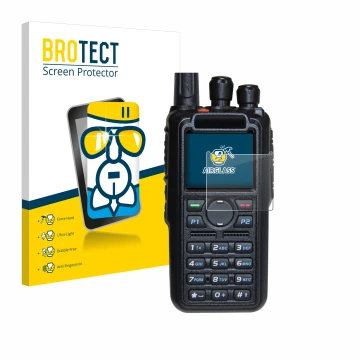Front side of a product packaging with the brand logo BROTECT. Next to it is the device AnyTone AT-D878UV Plus shown with the 