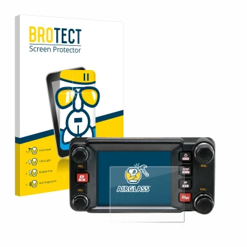 Front side of a product packaging with the brand logo BROTECT. Next to it is the device Yaesu FTM-400XDR shown with the corres