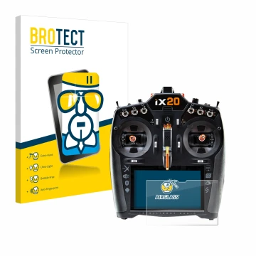 Front side of a product packaging with the brand logo BROTECT. Next to it is the device Spektrum iX20 shown with the correspon