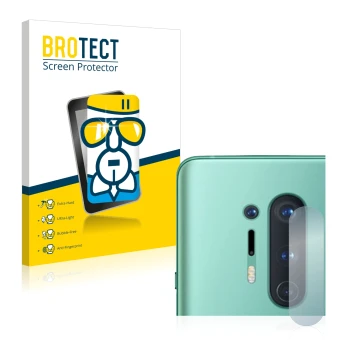 Front side of a product packaging with the brand logo BROTECT. Next to it is the device OnePlus 8 Pro (ONLY Camera Lens) shown