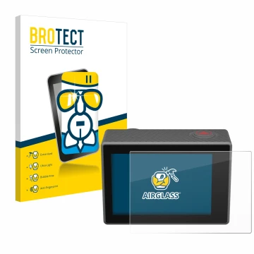 Front side of a product packaging with the brand logo BROTECT. Next to it is the device Akaso V50 Elite shown with the corresp