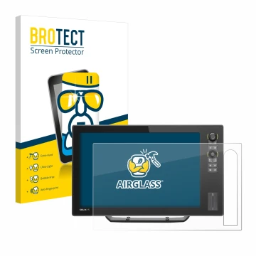 Front side of a product packaging with the brand logo BROTECT. Next to it is the device Humminbird Solix 12 shown with the cor