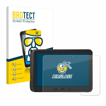Front side of a product packaging with the brand logo BROTECT. Next to it is the device Samsung Galaxy Tab Active Pro shown wi