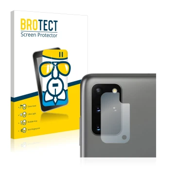Front side of a product packaging with the brand logo BROTECT. Next to it is the device Samsung Galaxy S20 Plus (ONLY Camera L