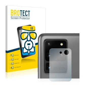 Front side of a product packaging with the brand logo BROTECT. Next to it is the device Samsung Galaxy S20 Ultra (ONLY Camera 