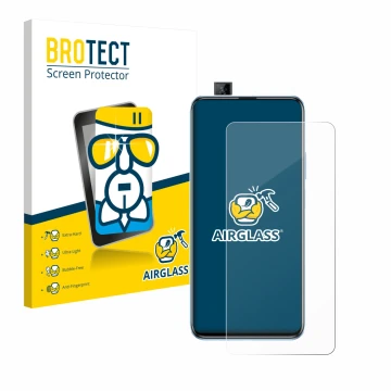 Front side of a product packaging with the brand logo BROTECT. Next to it is the device Huawei P smart Pro 2019 shown with the
