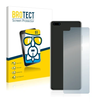 Front side of a product packaging with the brand logo BROTECT. Next to it is the device Huawei P40 shown with the correspondin