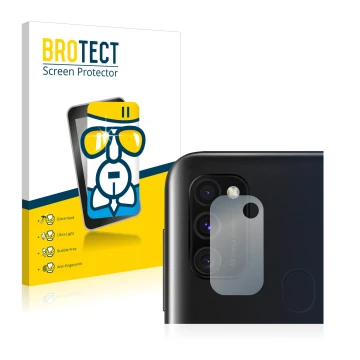 Front side of a product packaging with the brand logo BROTECT. Next to it is the device Samsung Galaxy M30s (ONLY Camera Lens)