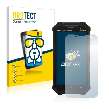 Front side of a product packaging with the brand logo BROTECT. Next to it is the device SkyCaddie SX500 shown with the corresp