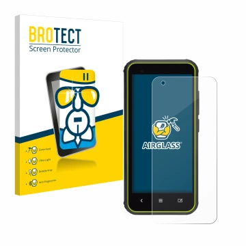 Front side of a product packaging with the brand logo BROTECT. Next to it is the device SkyCaddie SX400 shown with the corresp