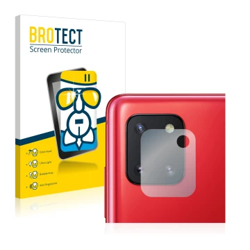 Front side of a product packaging with the brand logo BROTECT. Next to it is the device Samsung Galaxy Note 10 Lite (ONLY Came