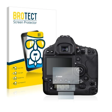 Front side of a product packaging with the brand logo BROTECT. Next to it is the device Canon EOS 1D X Mark III shown with the