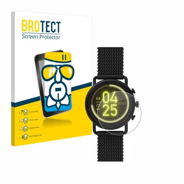 Front side of a product packaging with the brand logo BROTECT. Next to it is the device Skagen Smartwatch Falster 3 shown with