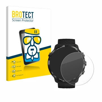 Front side of a product packaging with the brand logo BROTECT. Next to it is the device Suunto 7 shown with the corresponding 