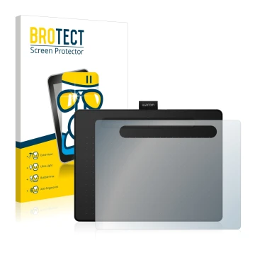 Front side of a product packaging with the brand logo BROTECT. Next to it is the device Wacom Intuos M shown with the correspo