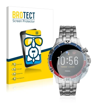 Front side of a product packaging with the brand logo BROTECT. Next to it is the device Fossil Garrett HR (5. Gen) shown with 