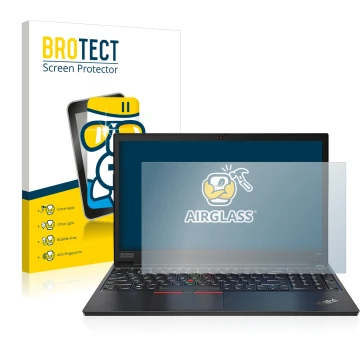 Front side of a product packaging with the brand logo BROTECT. Next to it is the device Lenovo ThinkPad E14 Gen 2 shown with t