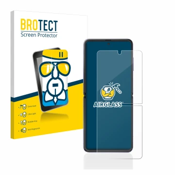 Front side of a product packaging with the brand logo BROTECT. Next to it is the device Samsung Galaxy Z Flip shown with the c