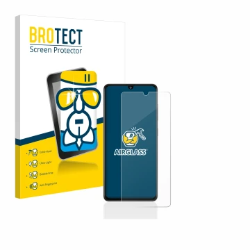 Front side of a product packaging with the brand logo BROTECT. Next to it is the device Samsung Galaxy A41 shown with the corr