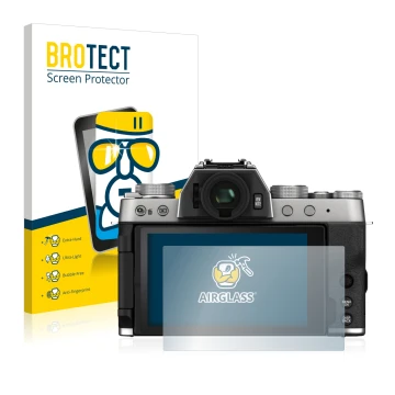 Front side of a product packaging with the brand logo BROTECT. Next to it is the device Fujifilm X-T200 shown with the corresp