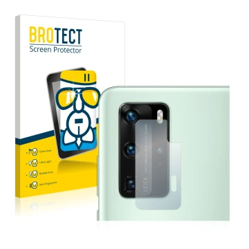 Front side of a product packaging with the brand logo BROTECT. Next to it is the device Huawei P40 Pro (ONLY Camera Lens) show