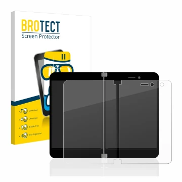Front side of a product packaging with the brand logo BROTECT. Next to it is the device Microsoft Surface Duo shown with the c