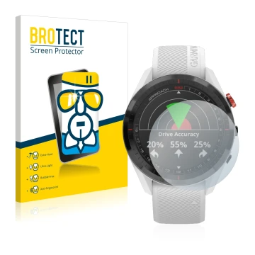 Front side of a product packaging with the brand logo BROTECT. Next to it is the device Garmin Approach S62 shown with the cor