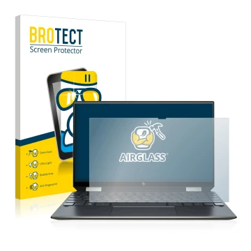 Front side of a product packaging with the brand logo BROTECT. Next to it is the device HP Spectre x360 13-aw0000ns shown with