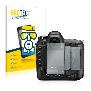 Front side of a product packaging with the brand logo BROTECT. Next to it is the device Nikon D6 shown with the corresponding 