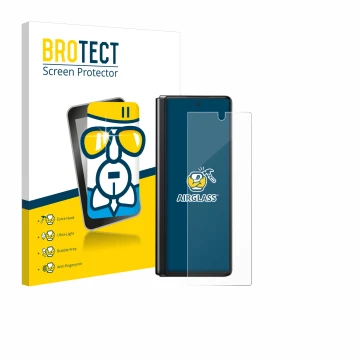 Front side of a product packaging with the brand logo BROTECT. Next to it is the device Samsung Galaxy Z Fold 2 5G shown with 