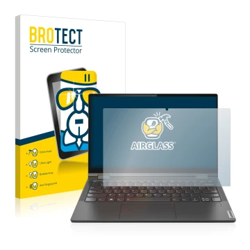 Front side of a product packaging with the brand logo BROTECT. Next to it is the device Lenovo Yoga C640 shown with the corres