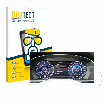 Front side of a product packaging with the brand logo BROTECT. Next to it is the device Volkswagen Passat Active Info Cockpit 