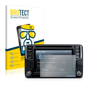 Front side of a product packaging with the brand logo BROTECT. Next to it is the device Volkswagen Caddy 2015 Discover Media 6