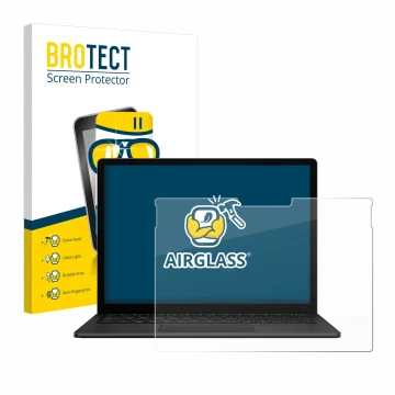 Front side of a product packaging with the brand logo BROTECT. Next to it is the device Microsoft Surface Book 3 13.5