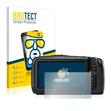 Front side of a product packaging with the brand logo BROTECT. Next to it is the device Blackmagic Pocket Cinema Camera 6K sho